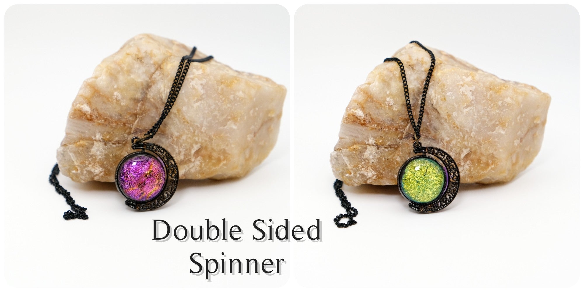 Double Sided Crescent Moon Celestial Pendant Necklace Purple and Green Dichroic Fused Glass Spinner on 20 inch chain seeds glassworks seedsglassworks