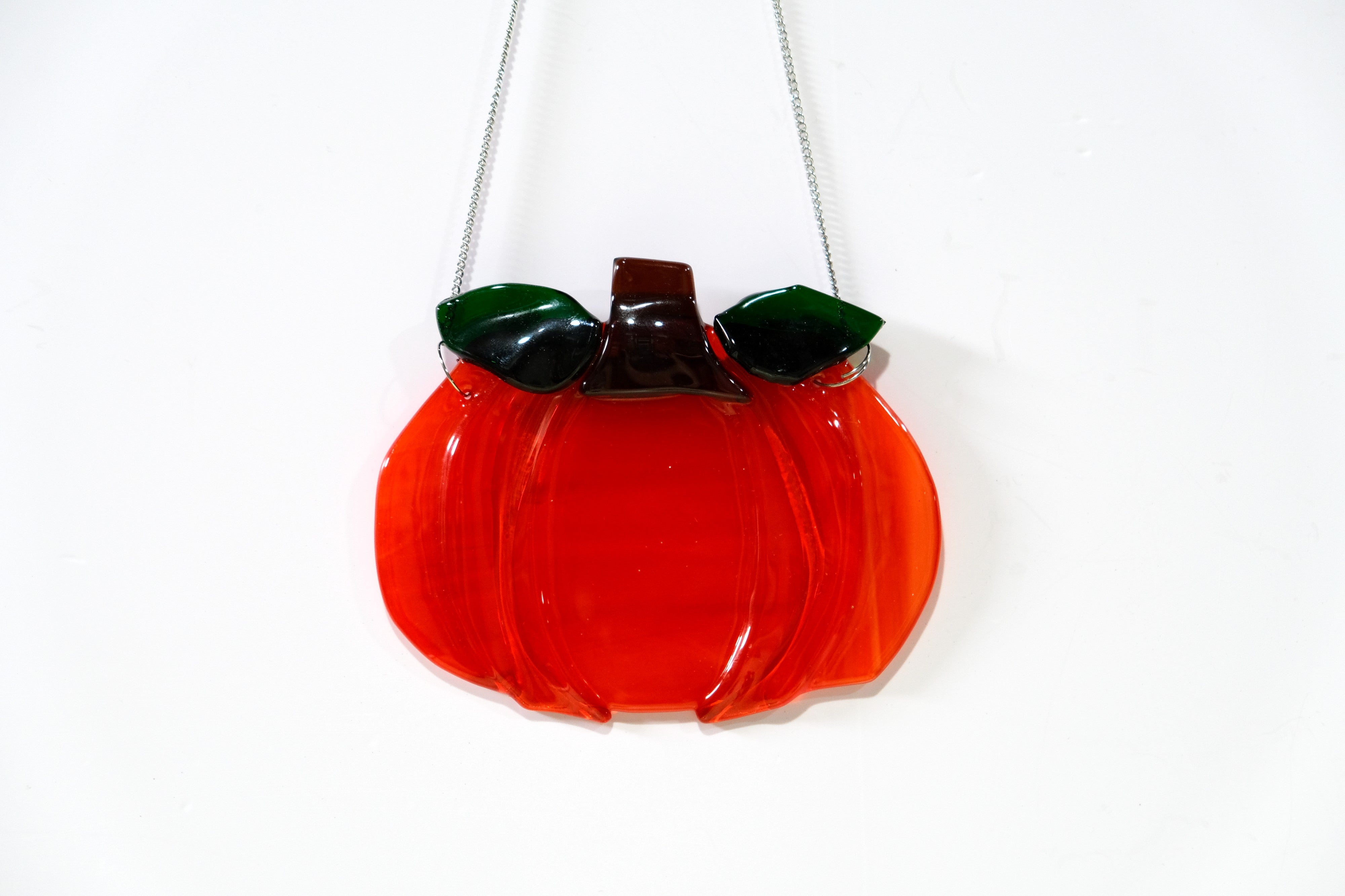 Orange Pumpkin suncatcher, fused glass on a 7 inch steel hanging chain seedsglassworks, Seeds Glassworks