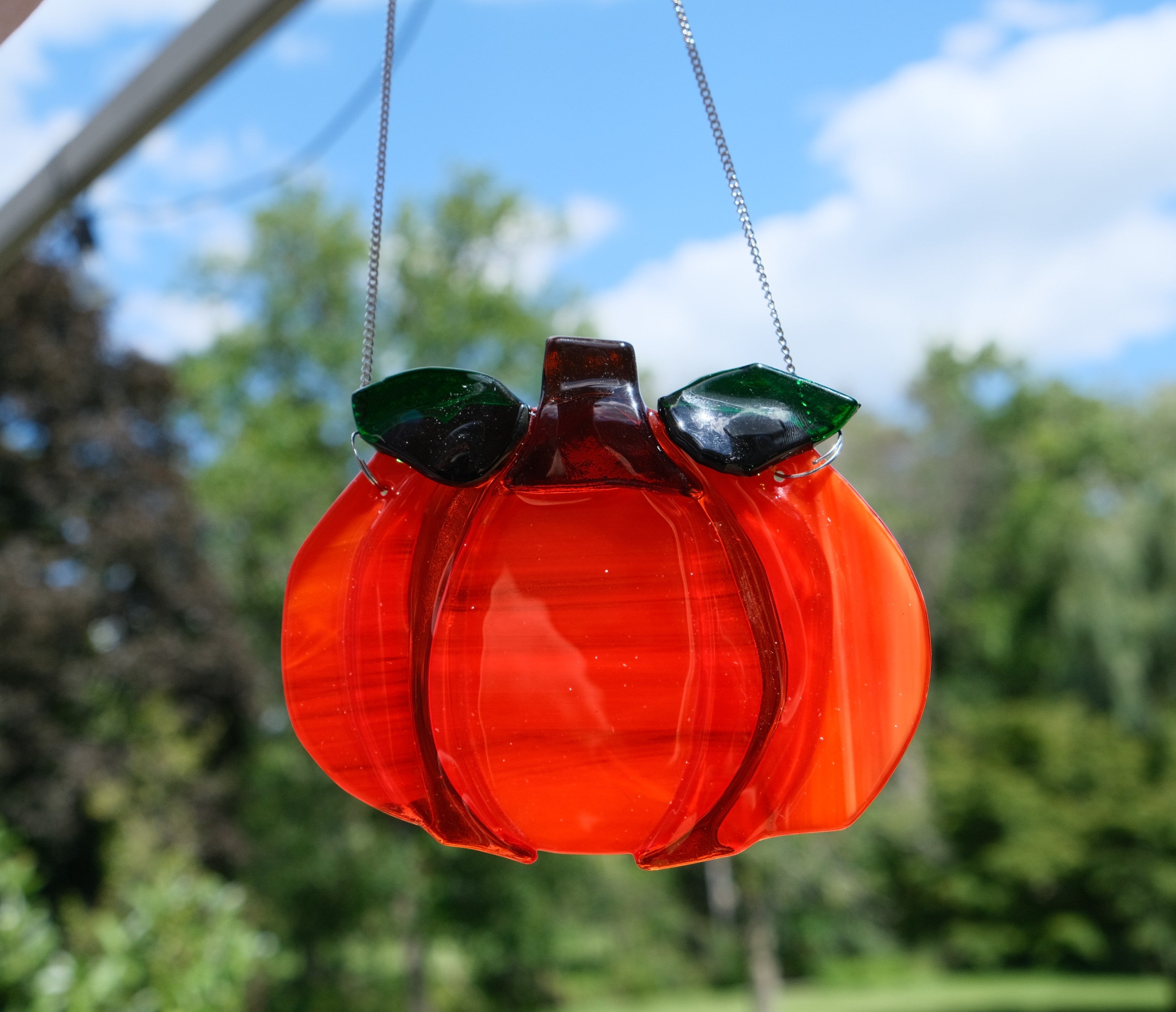 Orange Pumpkin suncatcher, fused glass on a 7 inch steel hanging chain seedsglassworks, Seeds Glassworks