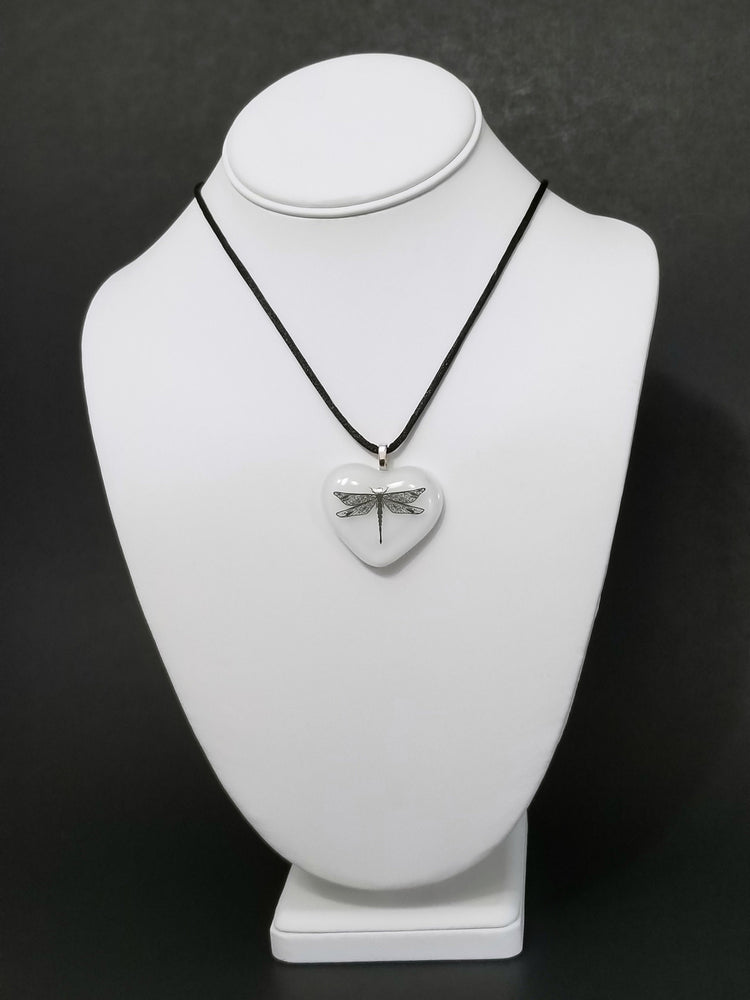 Black and White Dragonfly Heart Fused Glass Pendant on 20 inch steel chain seeds glassworks seedsglassworks
