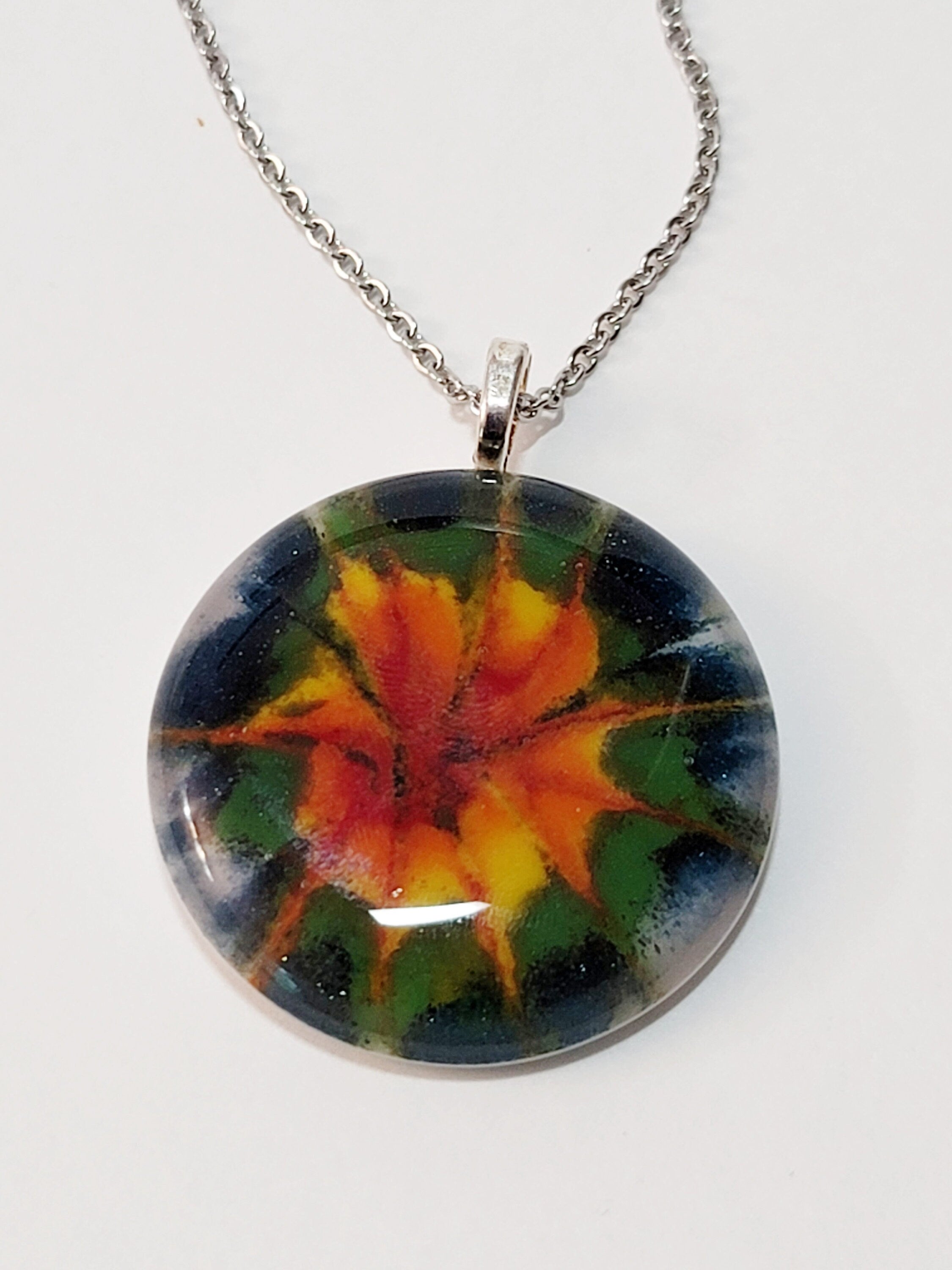 Dark Tie Dye look fused glass Circle pendant necklace jewelry, rainbow color on 20 inch steel chain seeds glassworks seedsglassworks