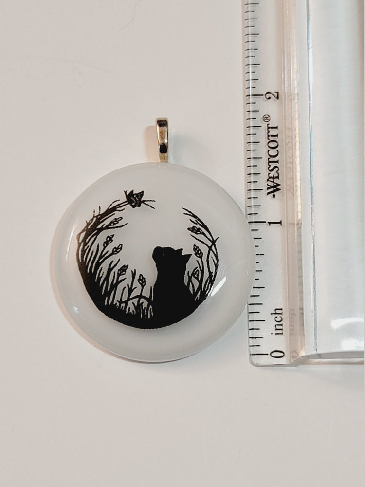 Black Cat and Butterfly on White Circle Fused Glass Pendant on 20 inch steel chain seeds glassworks seedsglassworks