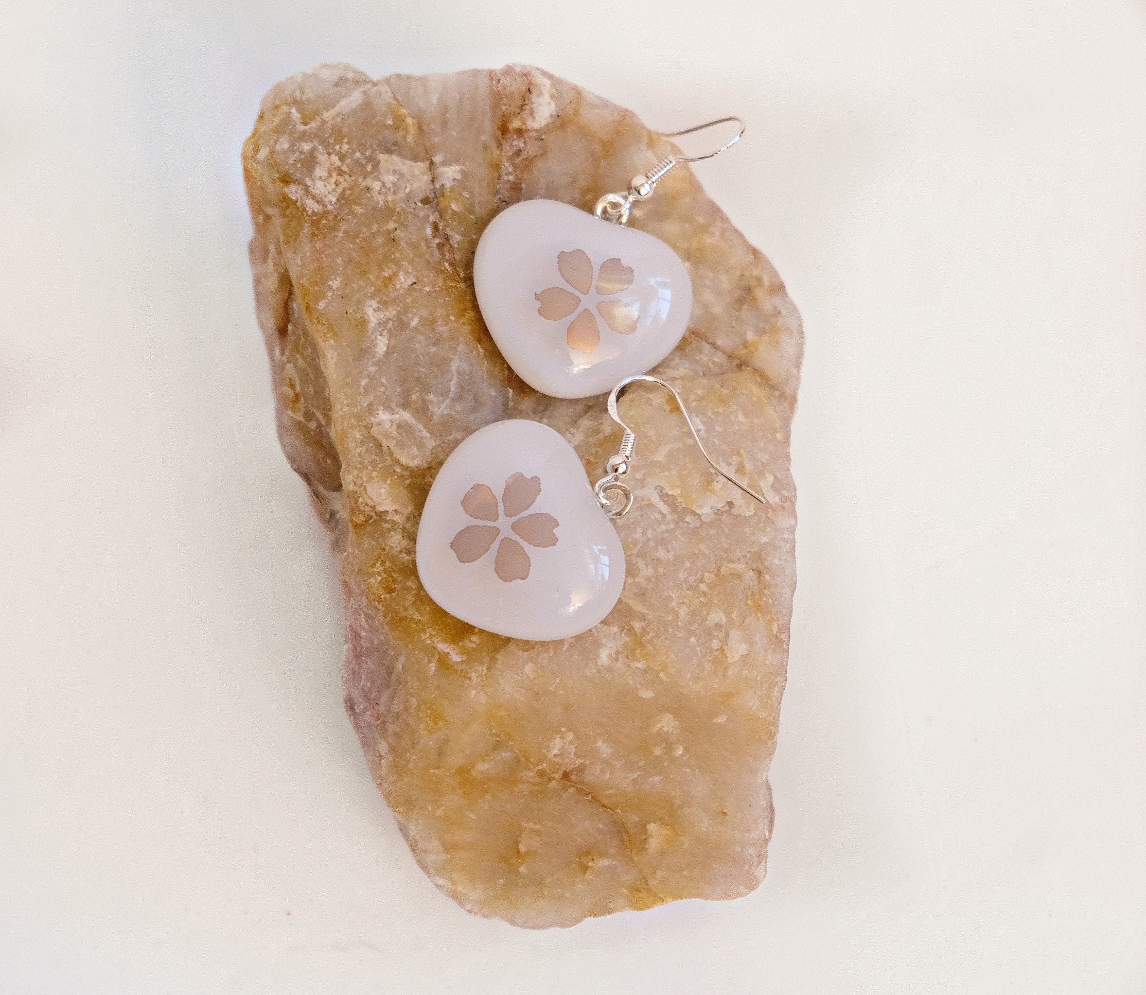 Delicate Heart Shaped Glass Earrings with Gold Flowers | Pierced Silver Ear Wires seeds glassworks seedsglassworks