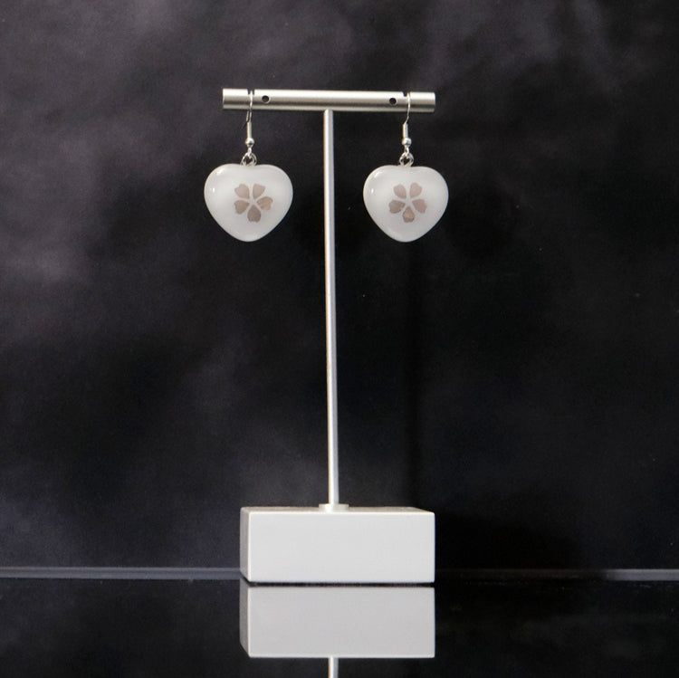 Delicate Heart Shaped Glass Earrings with Gold Flowers | Pierced Silver Ear Wires seeds glassworks seedsglassworks
