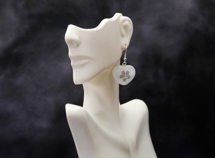Delicate Heart Shaped Glass Earrings with Gold Flowers | Pierced Silver Ear Wires seeds glassworks seedsglassworks