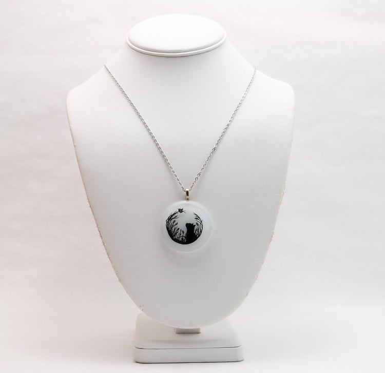 Black Cat and Butterfly on White Circle Fused Glass Pendant on 20 inch steel chain seeds glassworks seedsglassworks