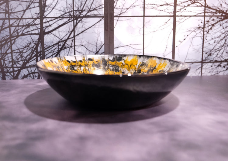 Spooky and Stylish: 8.5 Inch Wide Black, Orange, and White Tie Dye Fused Glass Bowl