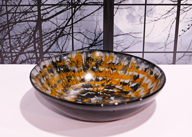 Spooky and Stylish: 8.5 Inch Wide Black, Orange, and White Tie Dye Fused Glass Bowl