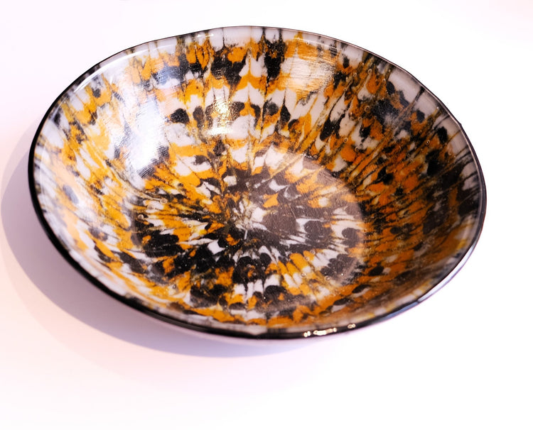 Spooky and Stylish: 8.5 Inch Wide Black, Orange, and White Tie Dye Fused Glass Bowl