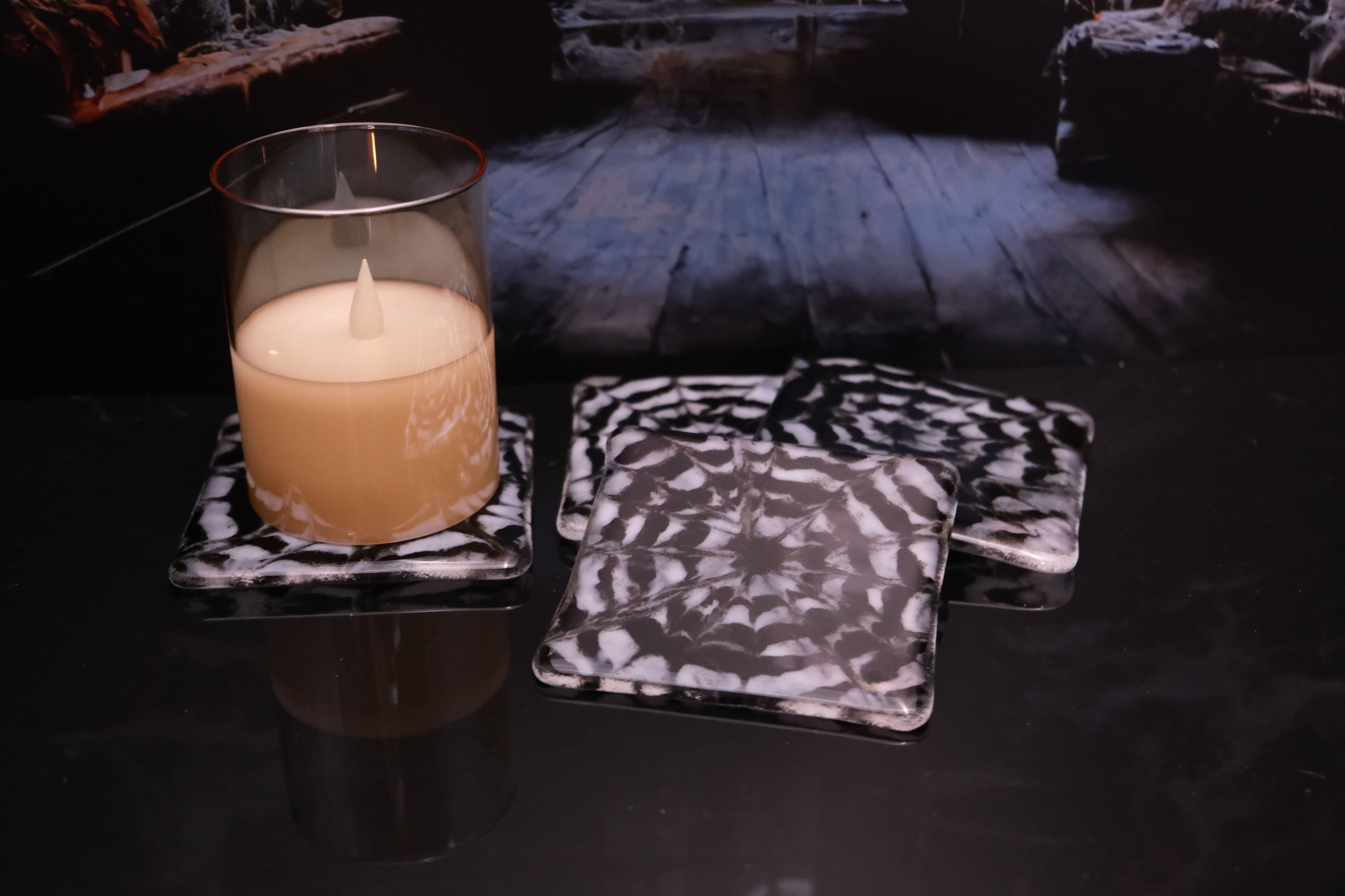 black and White Tie Dye look fused glass drink coaster, set of 4