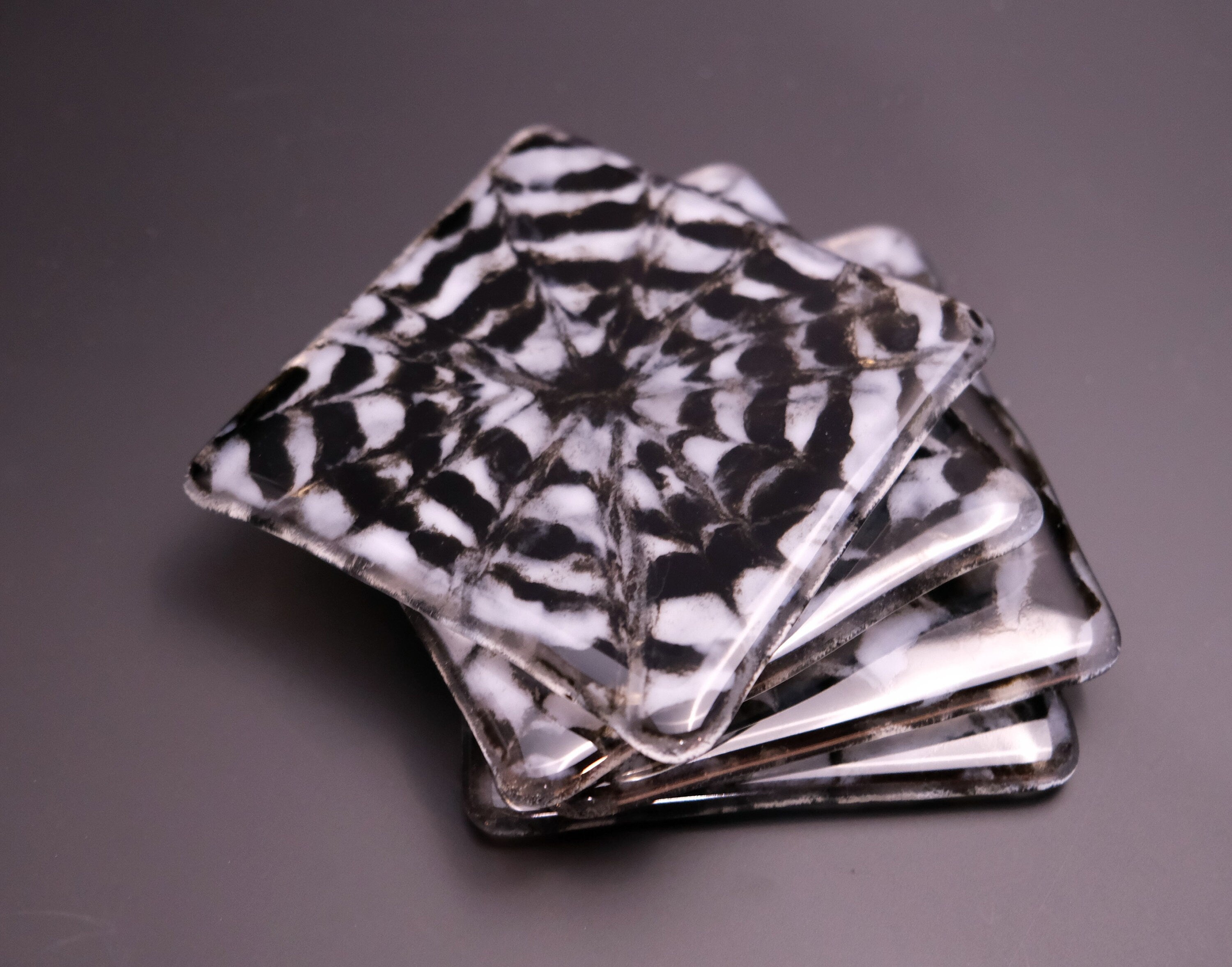 black and White Tie Dye look fused glass drink coaster, set of 4