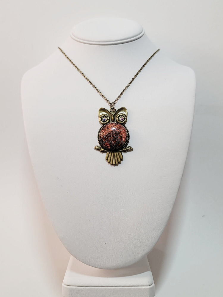 Bronze Owl Pendant Necklace with Stunning Orange Lace Dichroic Fused Glass Center Stone - 20 inch Chain