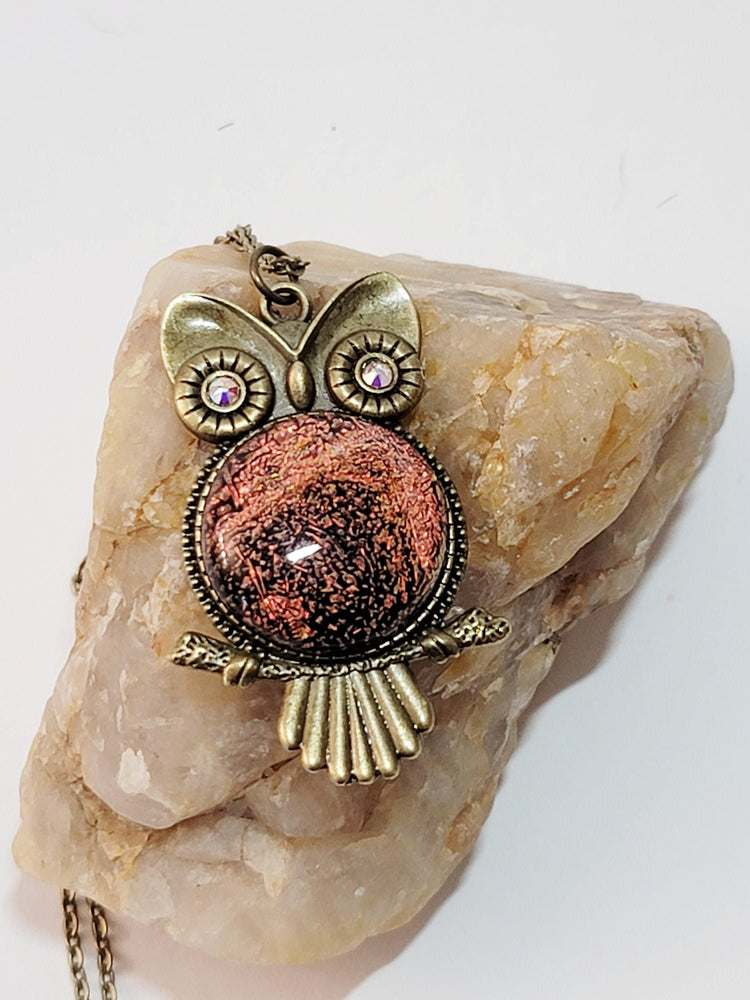 Bronze Owl Pendant Necklace with Stunning Orange Lace Dichroic Fused Glass Center Stone - 20 inch Chain