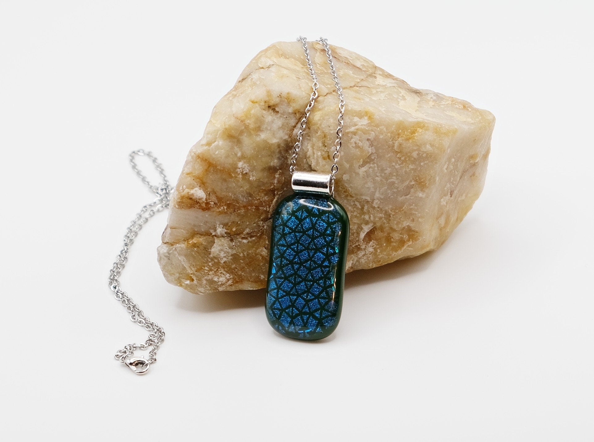 Blue patterned dichroic glass over green fused glass statement pendant necklace on 24 inch chain. 2 x 1 inch pendant seeds glassworks seedsglassworks