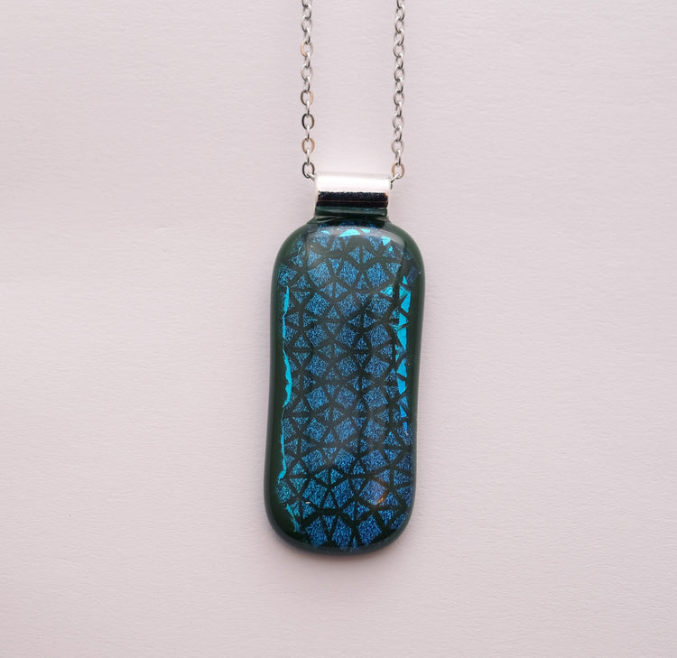 Blue patterned dichroic glass over green fused glass statement pendant necklace on 24 inch chain. 2 x 1 inch pendant seeds glassworks seedsglassworks