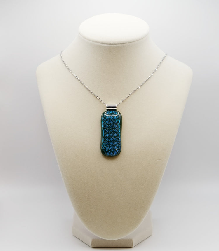 Blue patterned dichroic glass over green fused glass statement pendant necklace on 24 inch chain. 2 x 1 inch pendant seeds glassworks seedsglassworks