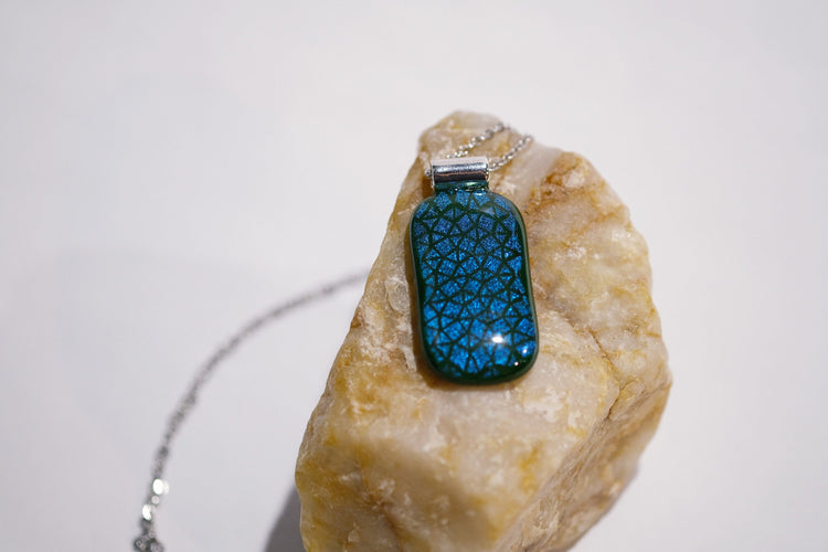 Blue patterned dichroic glass over green fused glass statement pendant necklace on 24 inch chain. 2 x 1 inch pendant seeds glassworks seedsglassworks