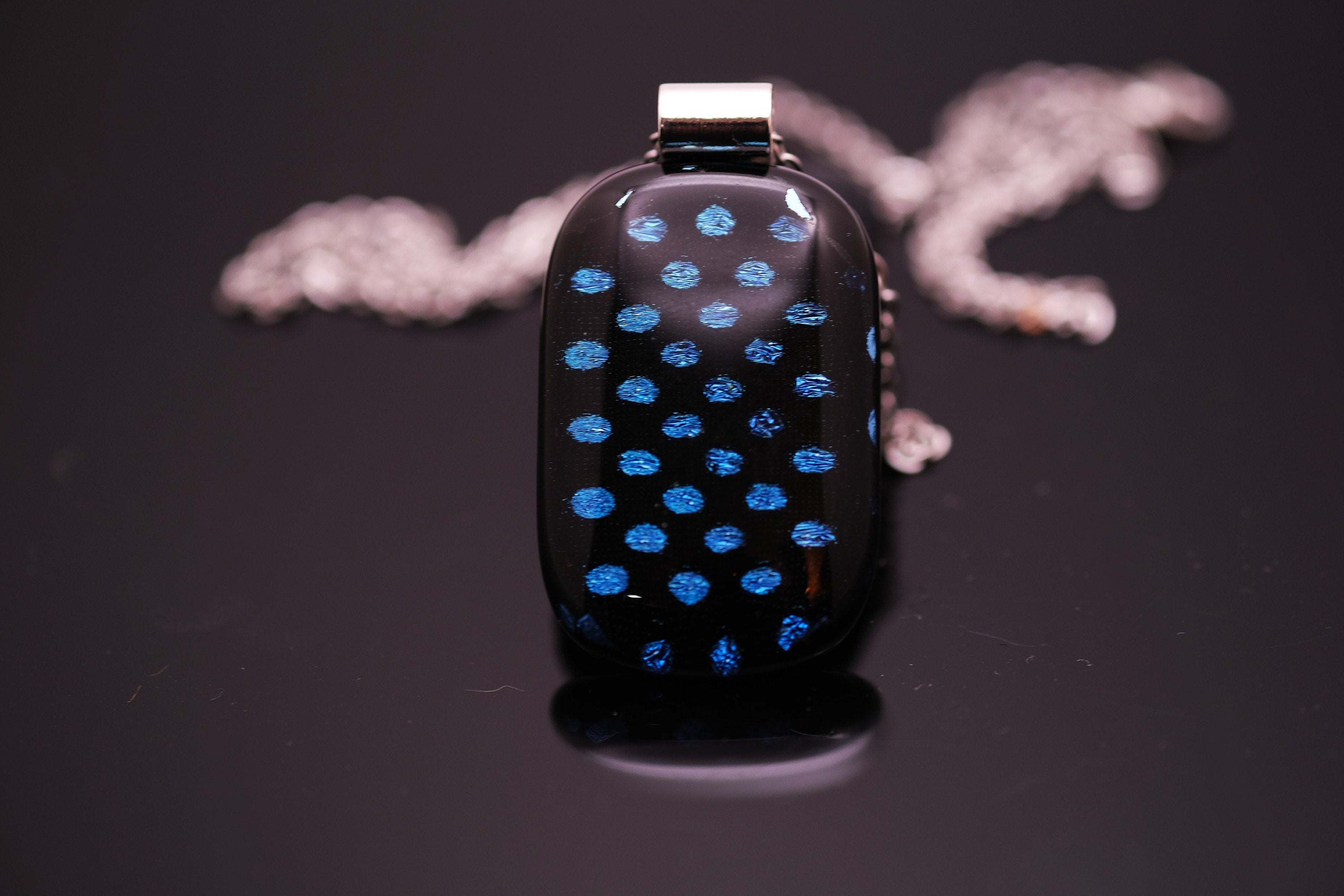 Handcrafted Dichroic Glass Pendant Necklace, Blue Dots on Black, 24 Inch Steel Chain, Statement Jewelry, 1.75 x 1 pendant, seedsglassworks seeds glassworks