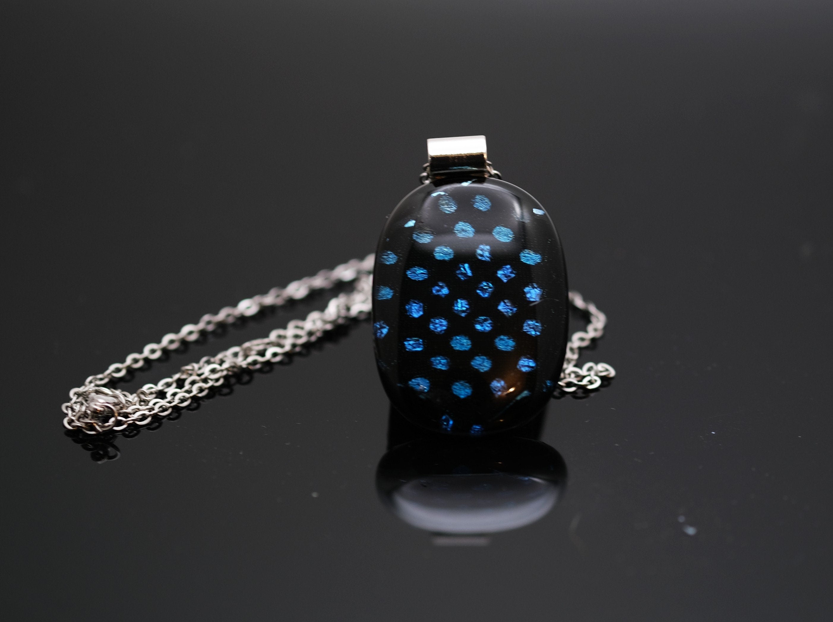 Handcrafted Dichroic Glass Pendant Necklace, Blue Dots on Black, 24 Inch Steel Chain, Statement Jewelry, 1.75 x 1 pendant, seedsglassworks seeds glassworks