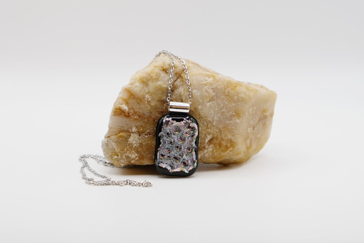 Dazzling Dichroic Rainbow-Silver "bubble look" fused glass statement pendant necklace on 24 inch chain. 1.5 x 1 inch pendant seeds glassworks seedsglassworks