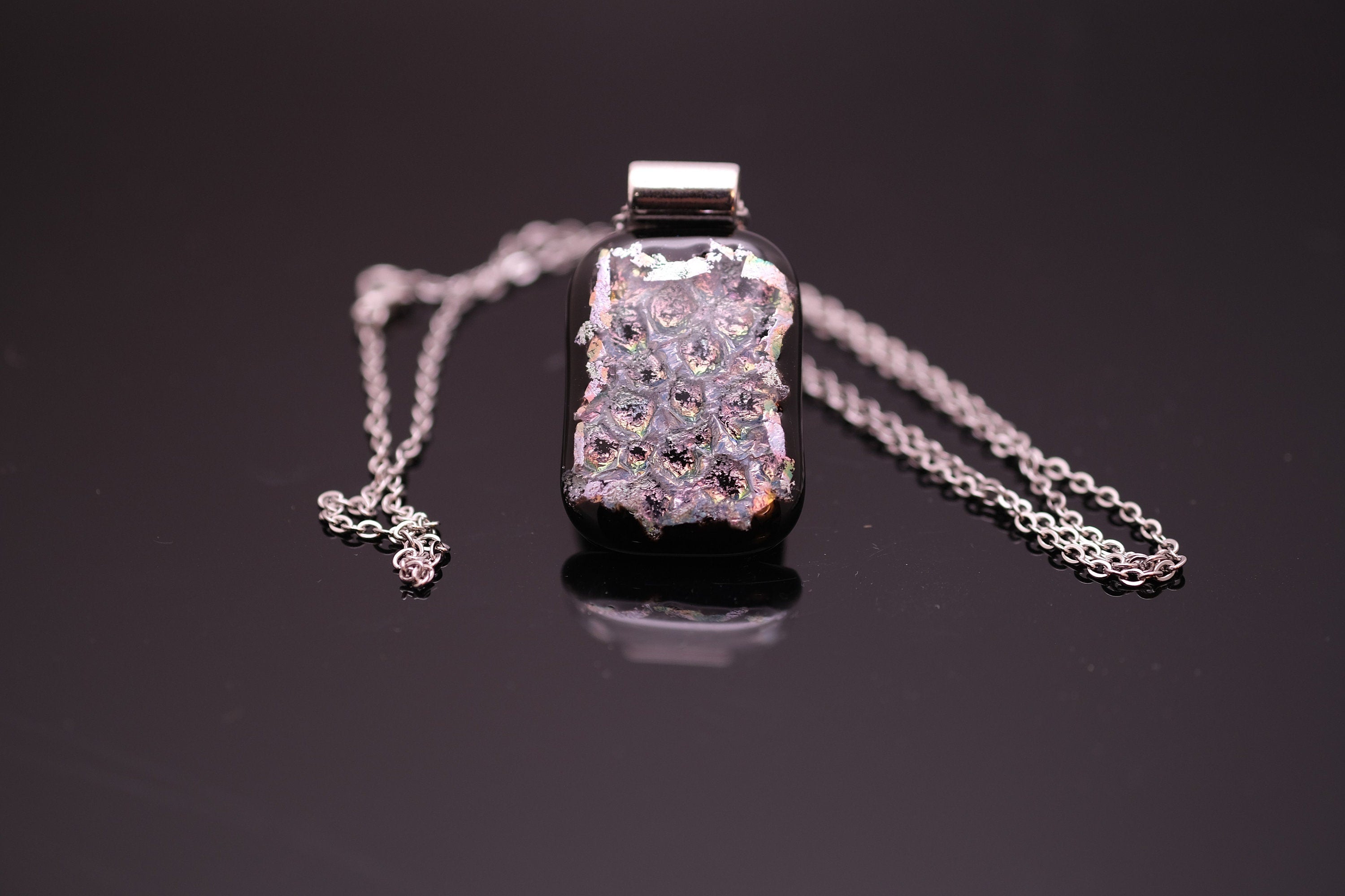 Dazzling Dichroic Rainbow-Silver "bubble look" fused glass statement pendant necklace on 24 inch chain. 1.5 x 1 inch pendant seeds glassworks seedsglassworks