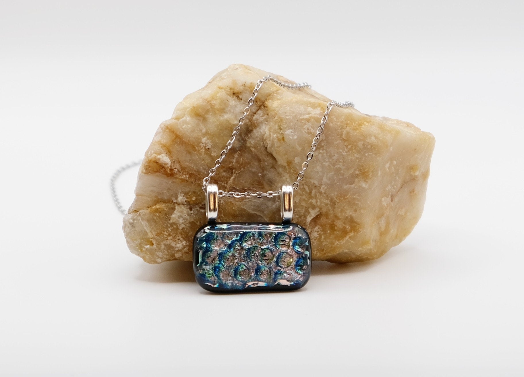 Dazzling Dichroic Rainbow-Silver fused glass statement pendant necklace on 24 inch chain. 1.5 x 1.25 inch pendant Version 2 seeds glassworks seedsglassworks