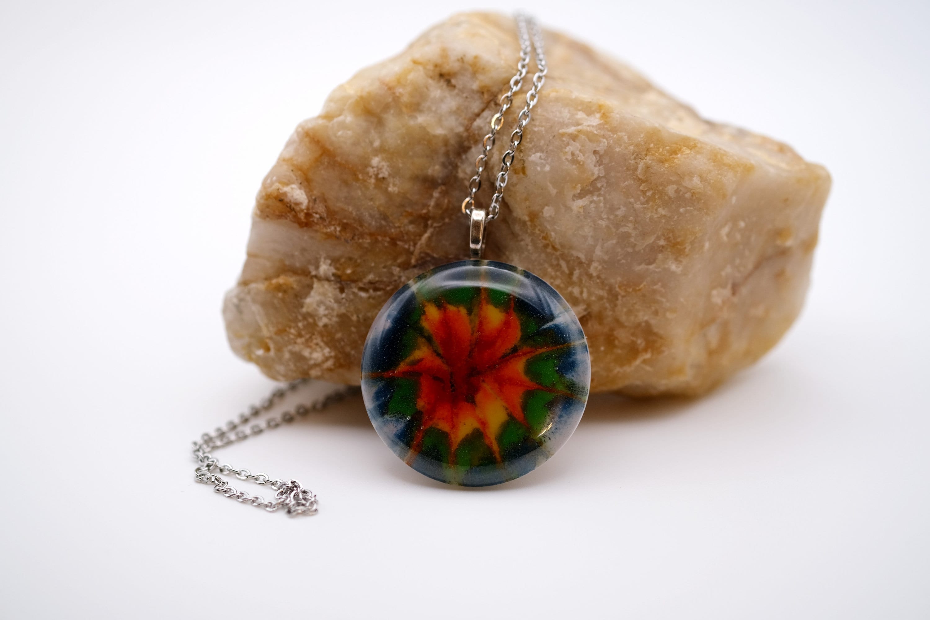 Dark Tie Dye look fused glass Circle pendant necklace jewelry, rainbow color on 20 inch steel chain seeds glassworks seedsglassworks