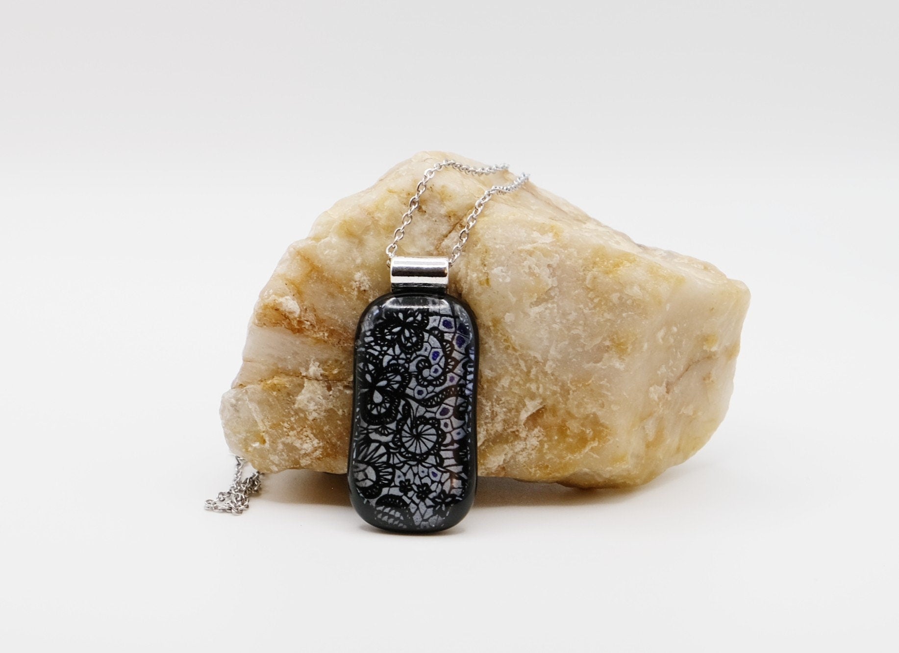 dichroic Black and Silver lace fused glass statement pendant necklace jewelry on 24 inch steel chain. 2 x 1 inch pendant seeds glassworks seedsglassworks