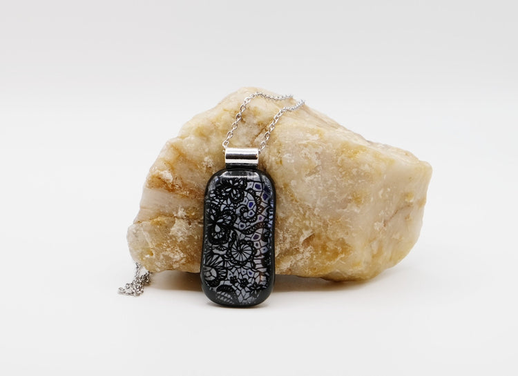 dichroic Black and Silver lace fused glass statement pendant necklace jewelry on 24 inch steel chain. 2 x 1 inch pendant seeds glassworks seedsglassworks