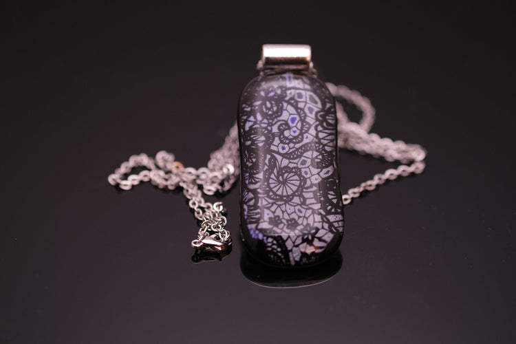 dichroic Black and Silver lace fused glass statement pendant necklace jewelry on 24 inch steel chain. 2 x 1 inch pendant seeds glassworks seedsglassworks
