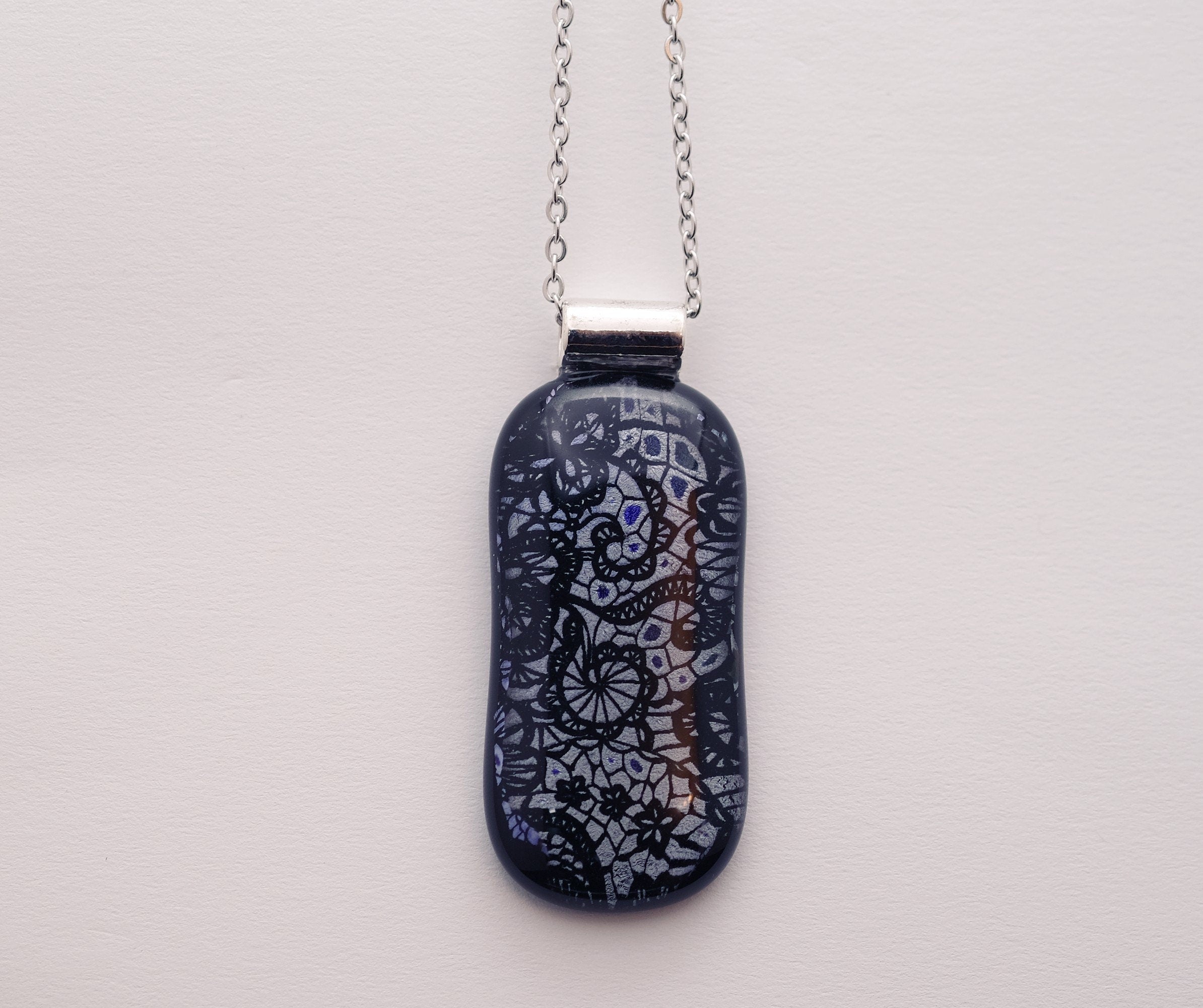 dichroic Black and Silver lace fused glass statement pendant necklace jewelry on 24 inch steel chain. 2 x 1 inch pendant seeds glassworks seedsglassworks