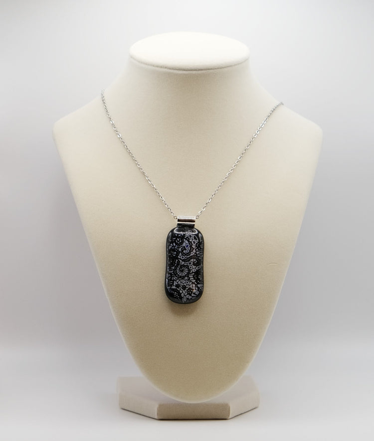 dichroic Black and Silver lace fused glass statement pendant necklace jewelry on 24 inch steel chain. 2 x 1 inch pendant seeds glassworks seedsglassworks