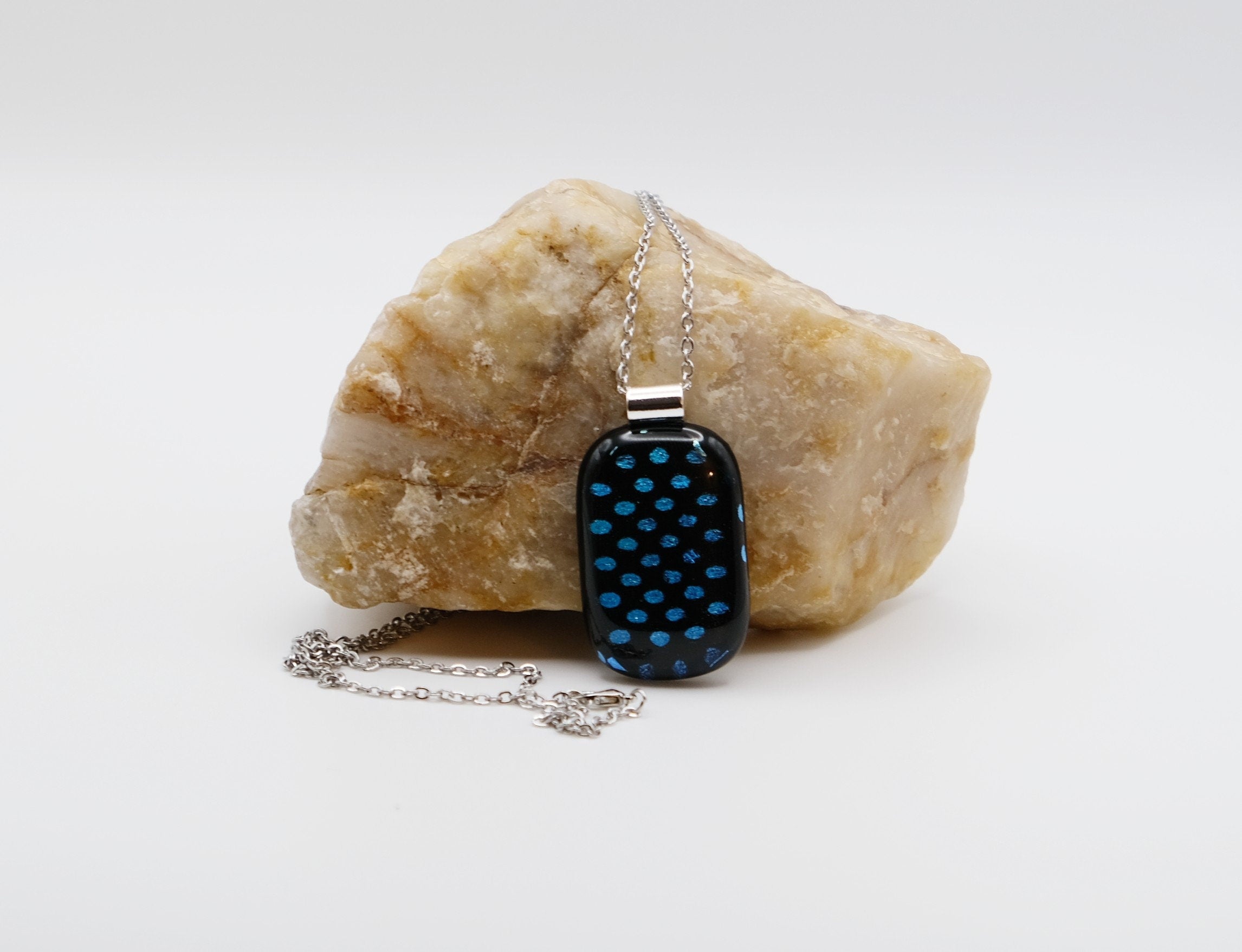 Handcrafted Dichroic Glass Pendant Necklace, Blue Dots on Black, 24 Inch Steel Chain, Statement Jewelry, 1.75 x 1 pendant, seedsglassworks seeds glassworks