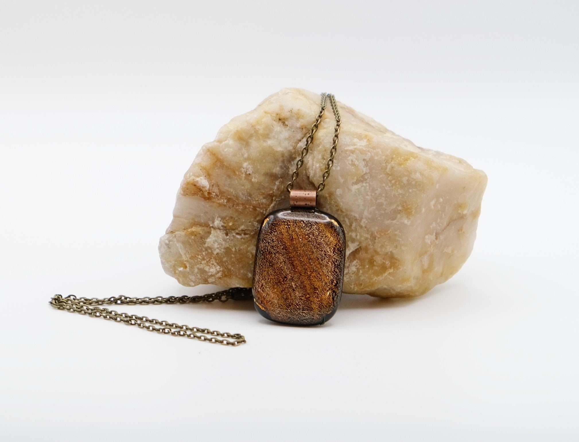 Delicate sparkly Swirls, Dichroic Orange and Black fused Glass Statement Pendant necklace on 24 inch antiqued brass Chain, seeds glassworks seedsglassworks