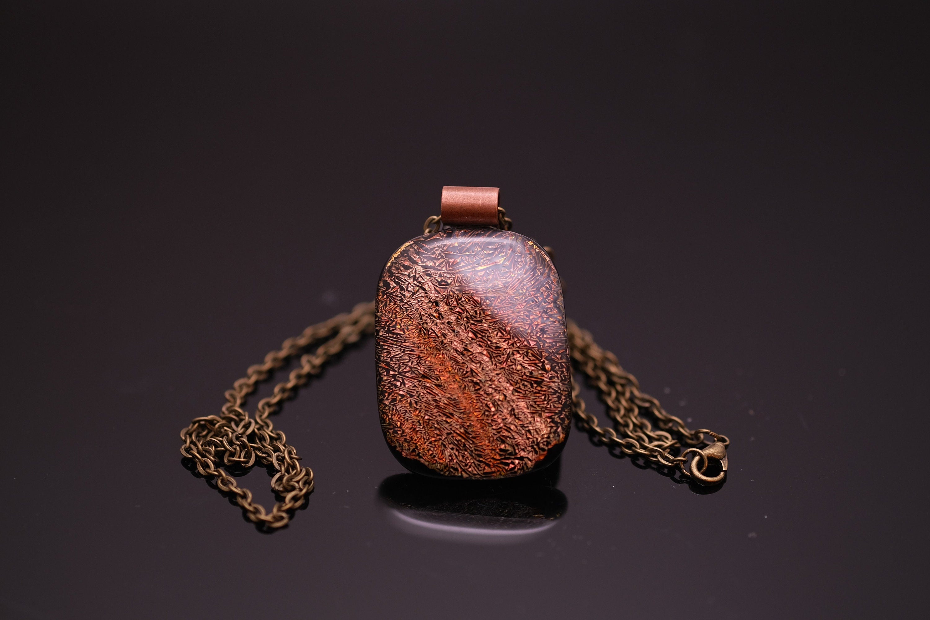 Delicate sparkly Swirls, Dichroic Orange and Black fused Glass Statement Pendant necklace on 24 inch antiqued brass Chain, seeds glassworks seedsglassworks