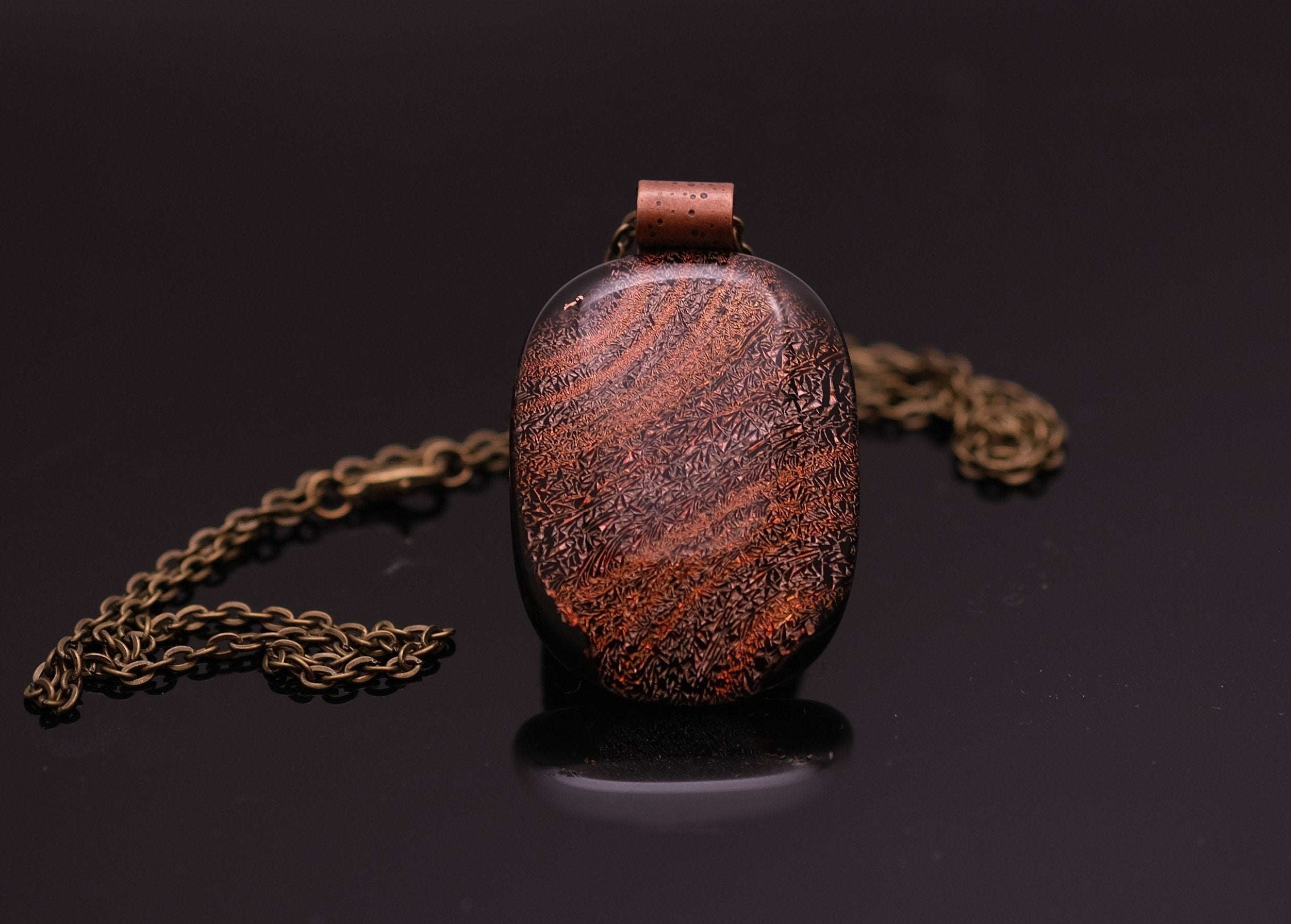 Dichroic Orange and Black Sparkling Swirls fused Glass Statement Pendant necklace on 24 inch antiqued brass Chain, seeds glassworks seedsglassworks