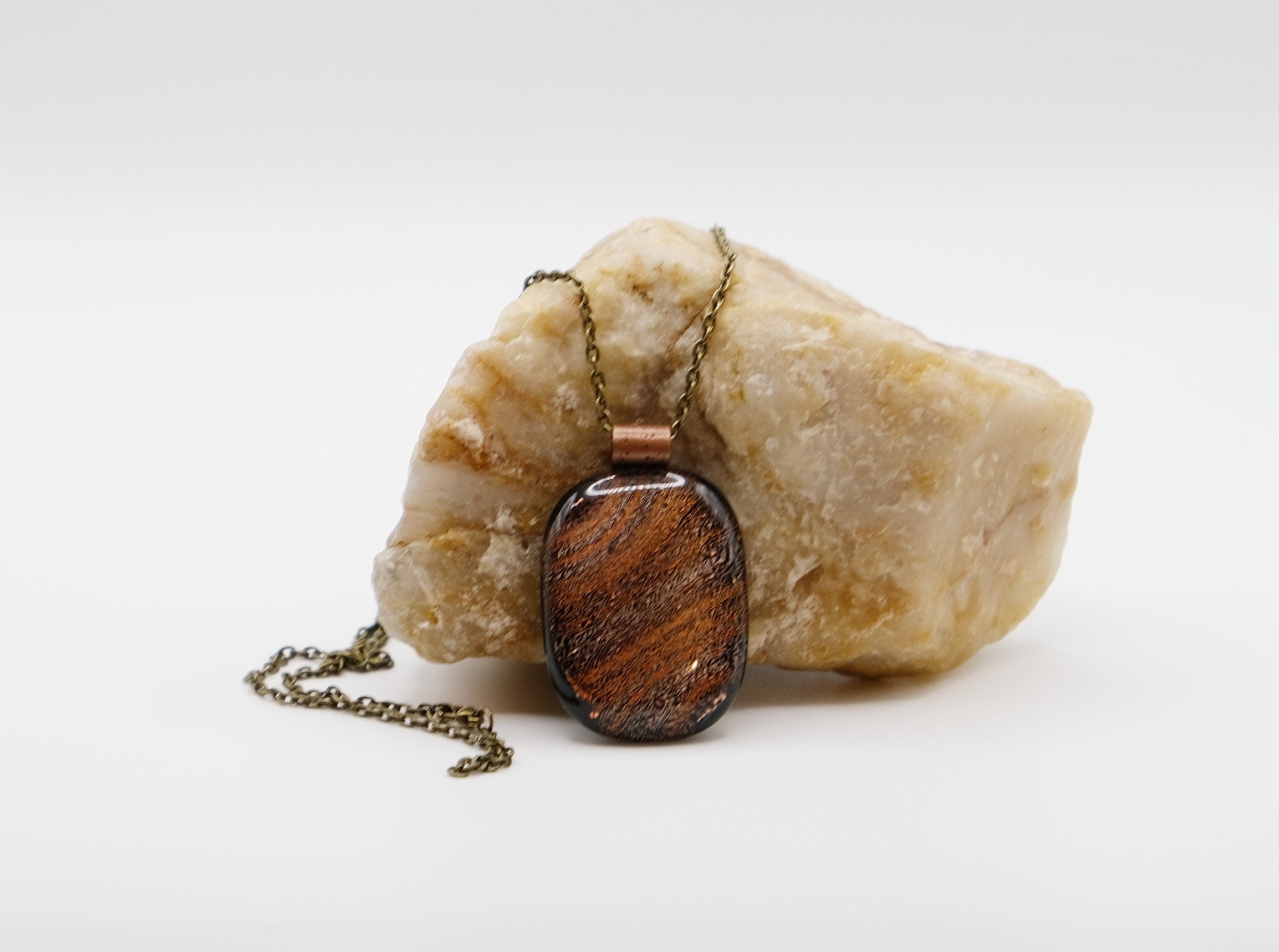 Dichroic Orange and Black Sparkling Swirls fused Glass Statement Pendant necklace on 24 inch antiqued brass Chain, seeds glassworks seedsglassworks