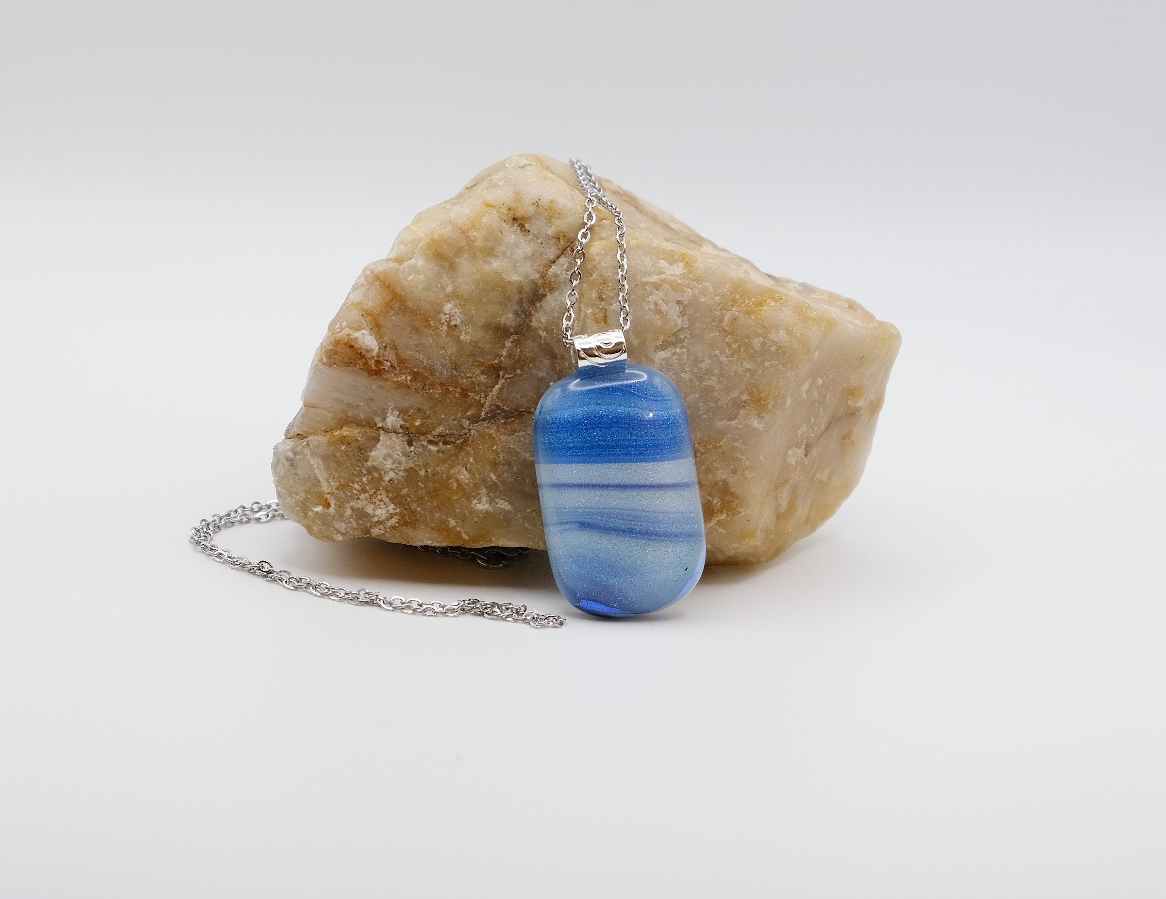 Dichroic Blue and White sparkly swirl fused glass pendant statement necklace on 24 inch steel chain. 1.75 x 1 inch pendant. sliver tone bail seeds glassworks seedsglassworks