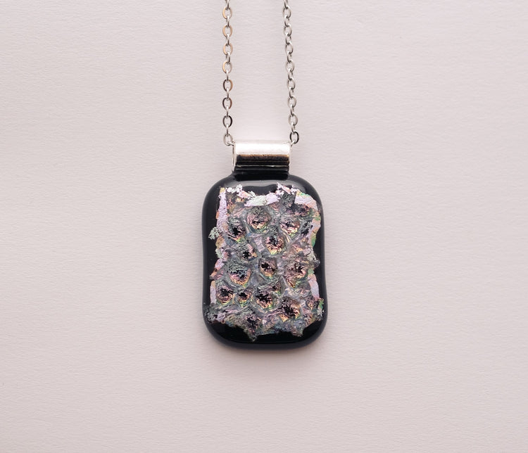 Dazzling Dichroic Rainbow-Silver "bubble look" fused glass statement pendant necklace on 24 inch chain. 1.5 x 1 inch pendant seeds glassworks seedsglassworks