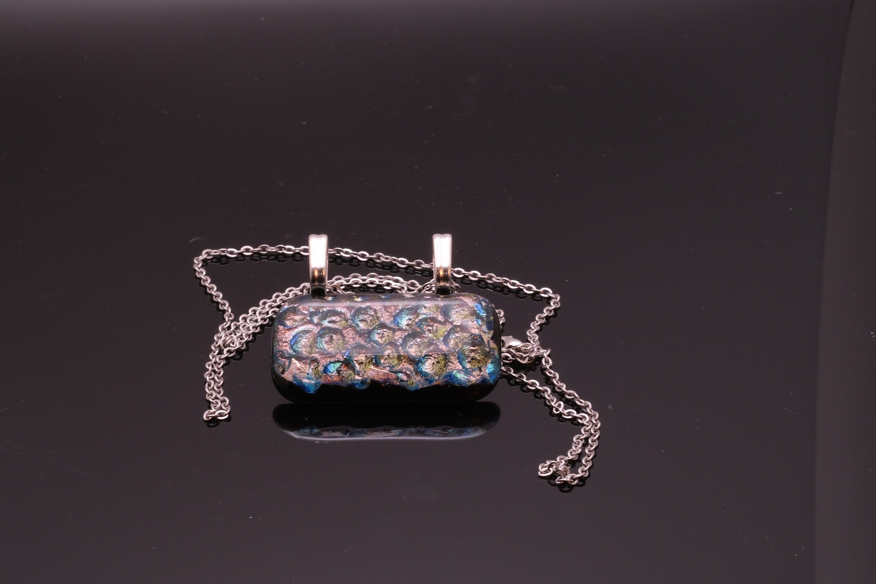 Dazzling Dichroic Rainbow-Silver fused glass statement pendant necklace on 24 inch chain. 1.5 x 1.25 inch pendant seeds glassworks seedsglassworks