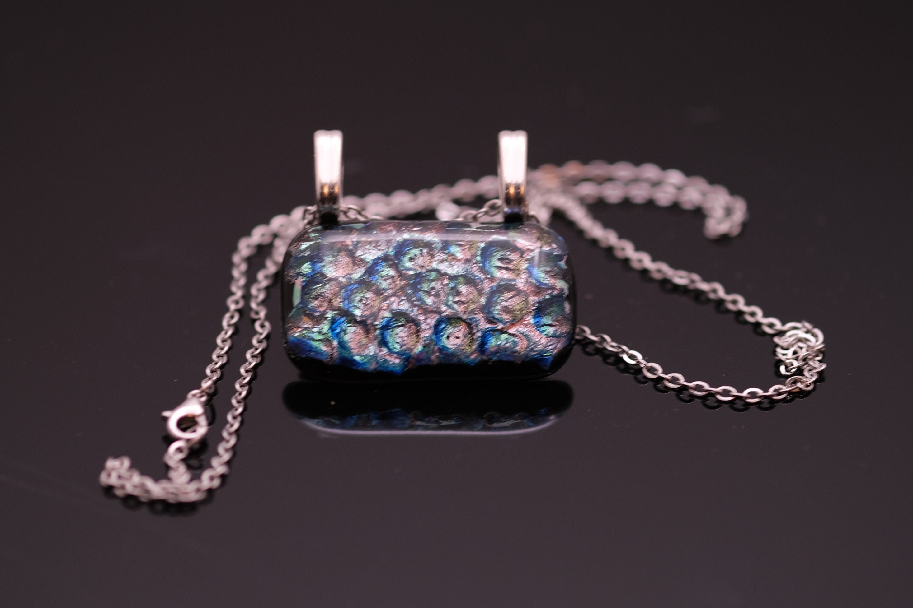Dazzling Dichroic Rainbow-Silver fused glass statement pendant necklace on 24 inch chain. 1.5 x 1.25 inch pendant Version 2 seeds glassworks seedsglassworks