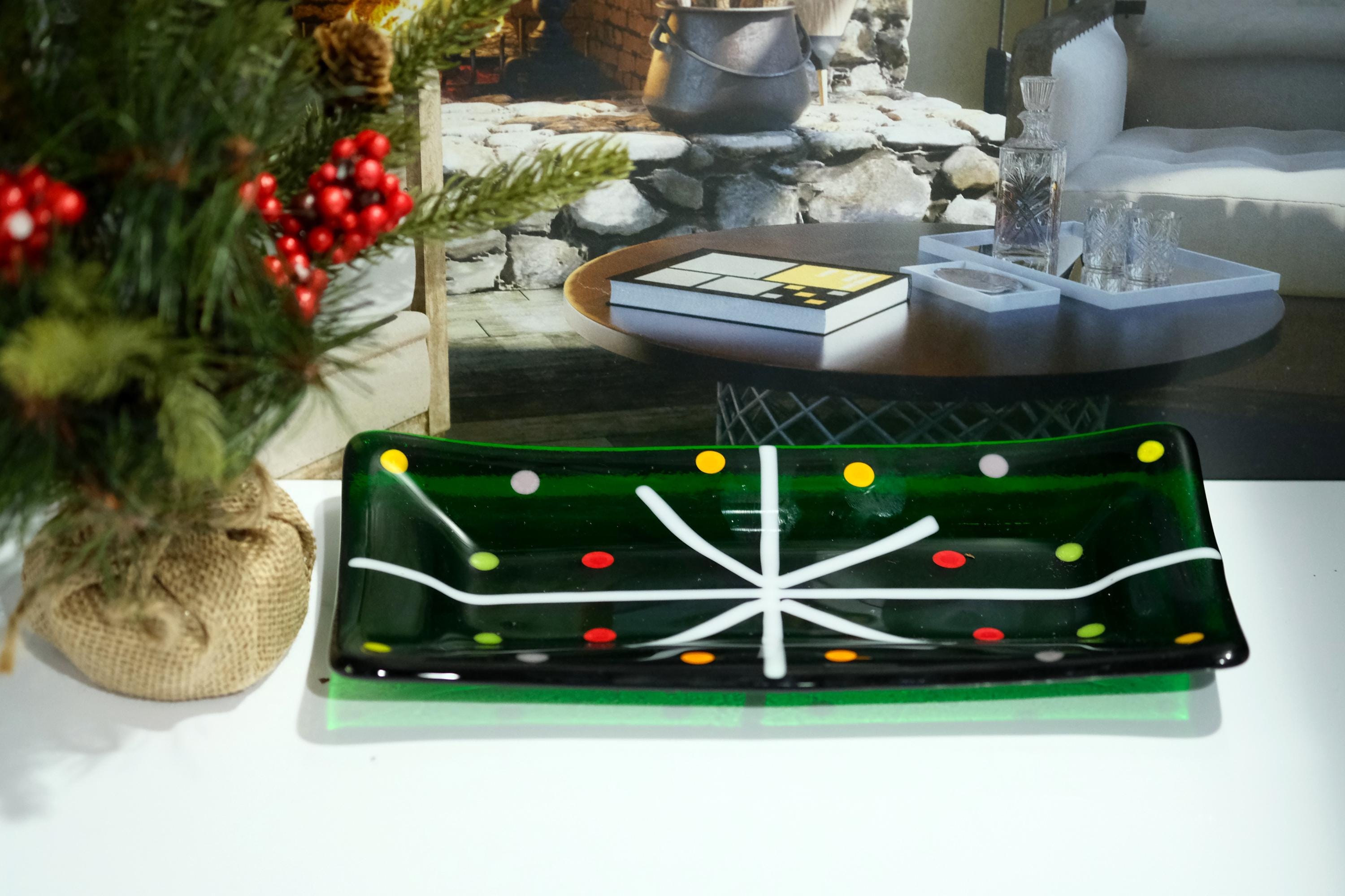 Handcrafted clear Green Christmas present looking Fused Glass Serving Plate10 Inch by 5 inch . housewarming, wedding, couple's unique gift seeds glassworks seedsglassworks