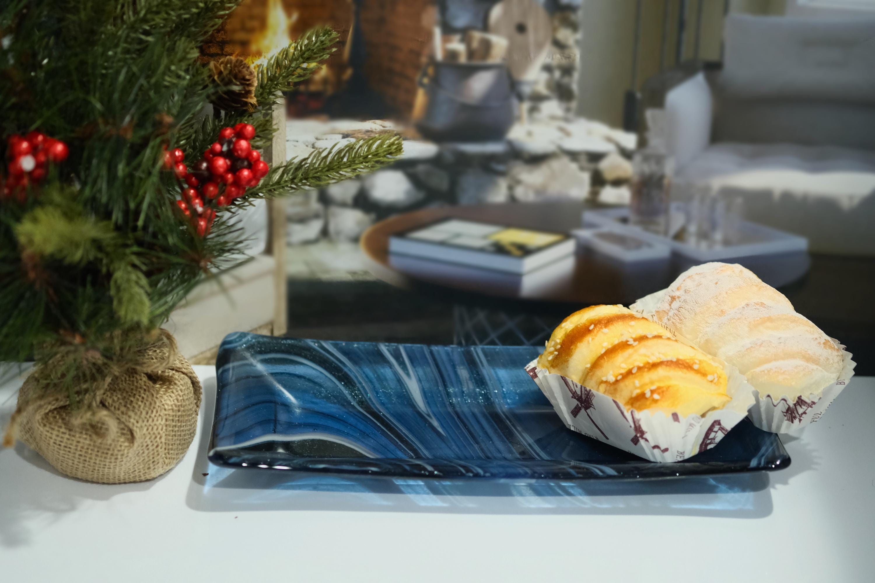 Swirling Sparkle: Handcrafted 10 Inch by 5 Inch Blue. black and white Fused Glass Serving Plate. housewarming, wedding, couple's unique gift seeds glassworks seedsglassworks