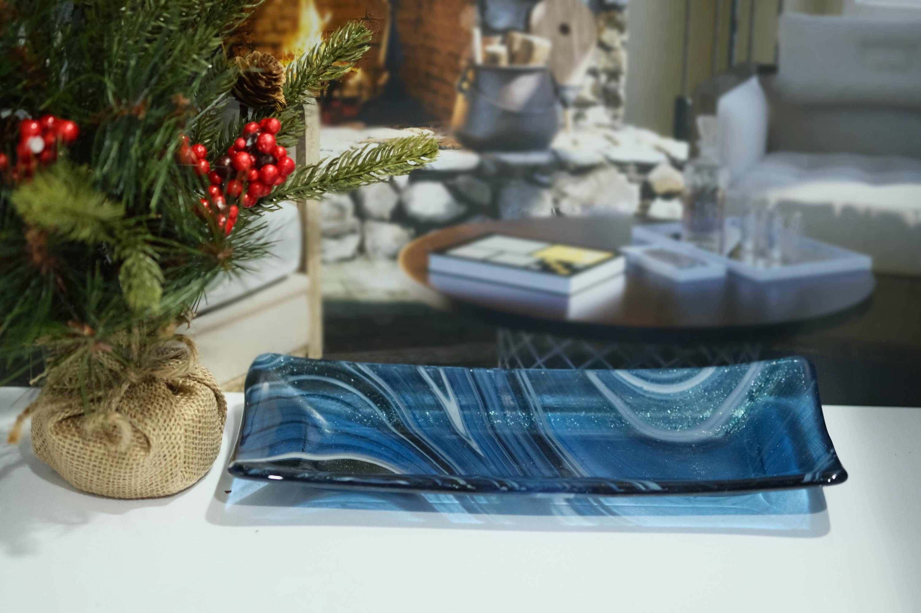 Swirling Sparkle: Handcrafted 10 Inch by 5 Inch Blue. black and white Fused Glass Serving Plate. housewarming, wedding, couple's unique gift seeds glassworks seedsglassworks