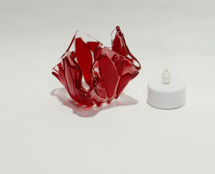 Red and Clear Fused Glass flame look tea light candle holder with battery operated votive candle, mother's day gift, spring home decor