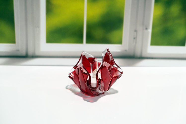 Red and Clear Fused Glass flame look tea light candle holder with battery operated votive candle, mother's day gift, spring home decor