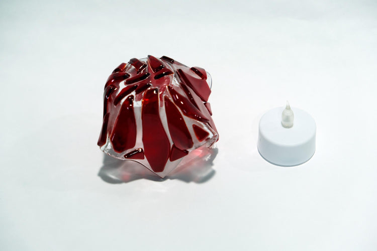 Red and Clear Fused Glass flame look tea light candle holder with battery operated votive candle, mother's day gift, spring home decor