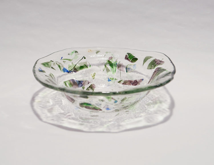 Unique 8.5 Inch one of a kind fused glass bowl with dichroic, green and purple accents on a clear base. organic shape. home decor gift