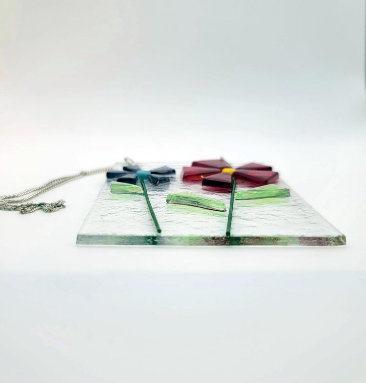 Charming Simple twin flower fused glass suncatcher, 3 x 4 inches, red, purple, green, handmade on chain seeds glassworks seedsglassworks