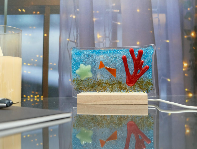 Fish Tank inspired fused glass desktop art panel on wood frame, lights up with LED lights, 5 x 4 inches seeds glassworks seedsglassworks